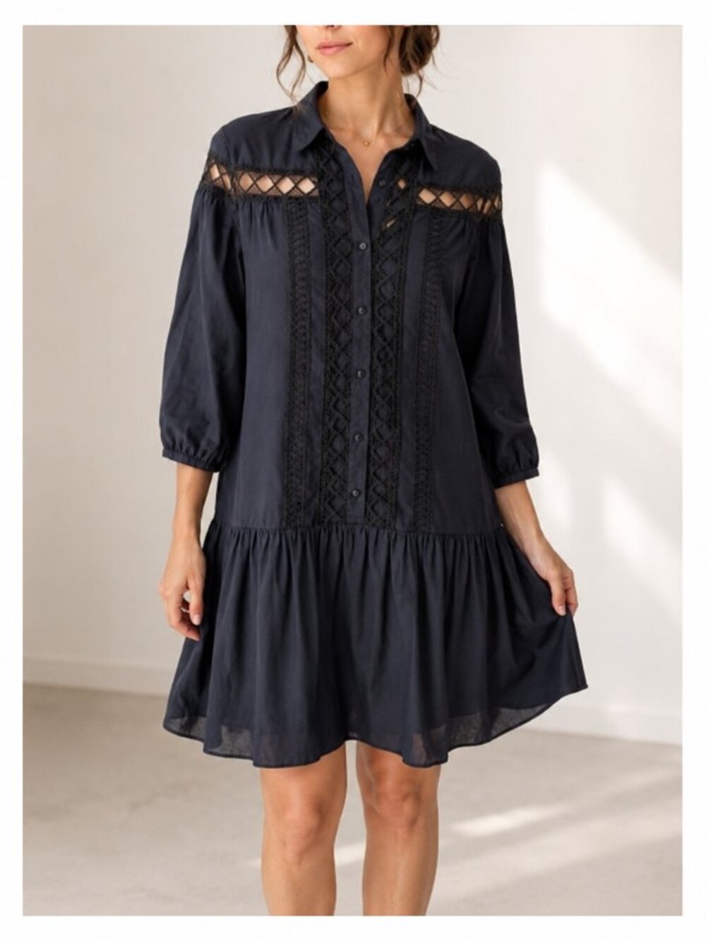 Zara Black Gothic 100% Cotton Crochet Detail Dress Size Small